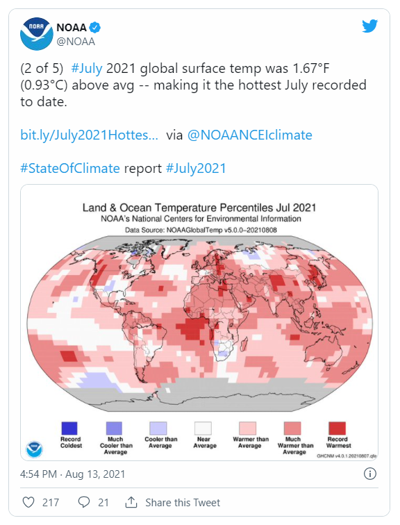 Na grafice tweet NOAA pokazujący średnie temperatury na Ziemi