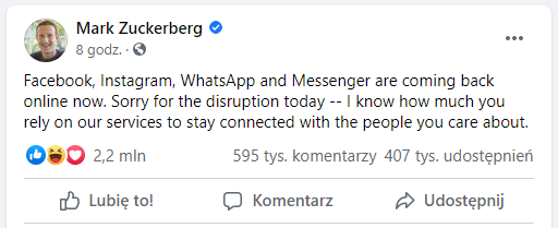 Post Marka Zuckerberga z przeprosinami dot. awarii Facebooka