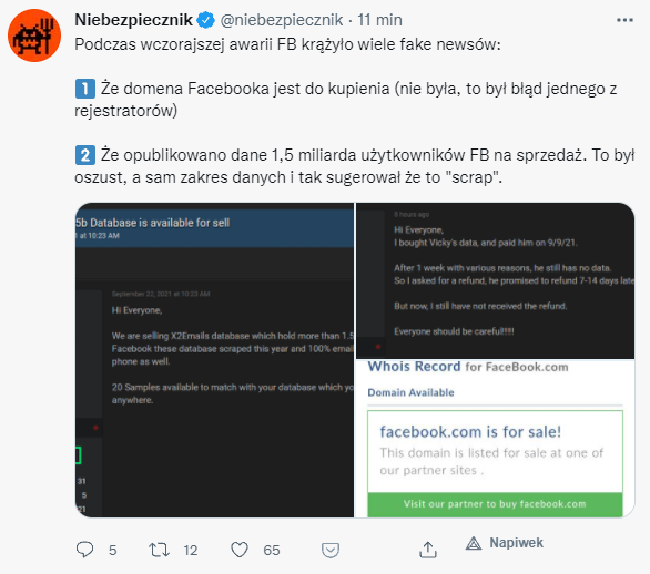 Tweet Niebezpiecznika w sprawie nieprawdziwych informacji podawanych w trakcie awarii Facebooka