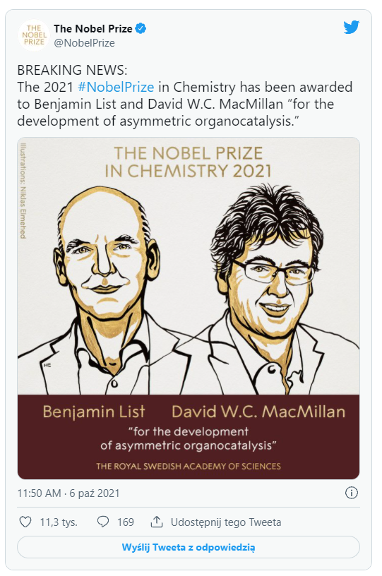 Tweet Komitetu Noblowskiego z ogłoszeniem laureatów w dziedzinie chemii