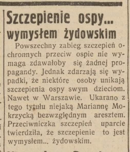 Grafika to skan z gazety sprzed niemal stu laty w którym redaktor informuje, że kobietę aresztowano za odmowę szczepienia dziecka na ospę