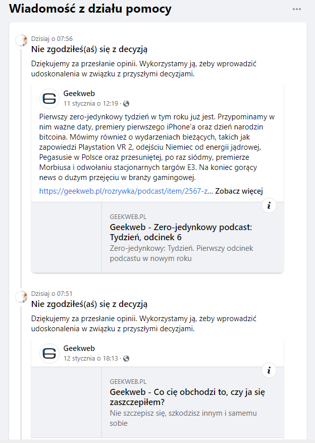 Na grafice informacja Facebooka dotyczaca skasowania postów za rzekome łamanie zasad społeczności