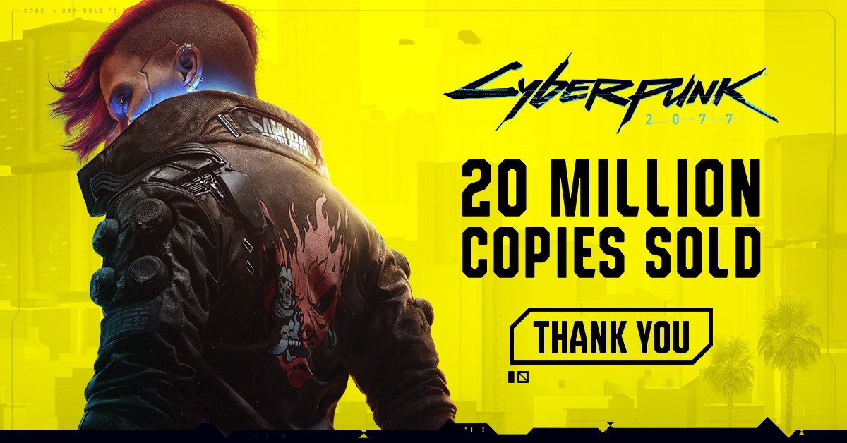 Grafika mówiąca o sprzedaży ponad 20 milionów kopii gry Cyberpunk 2077