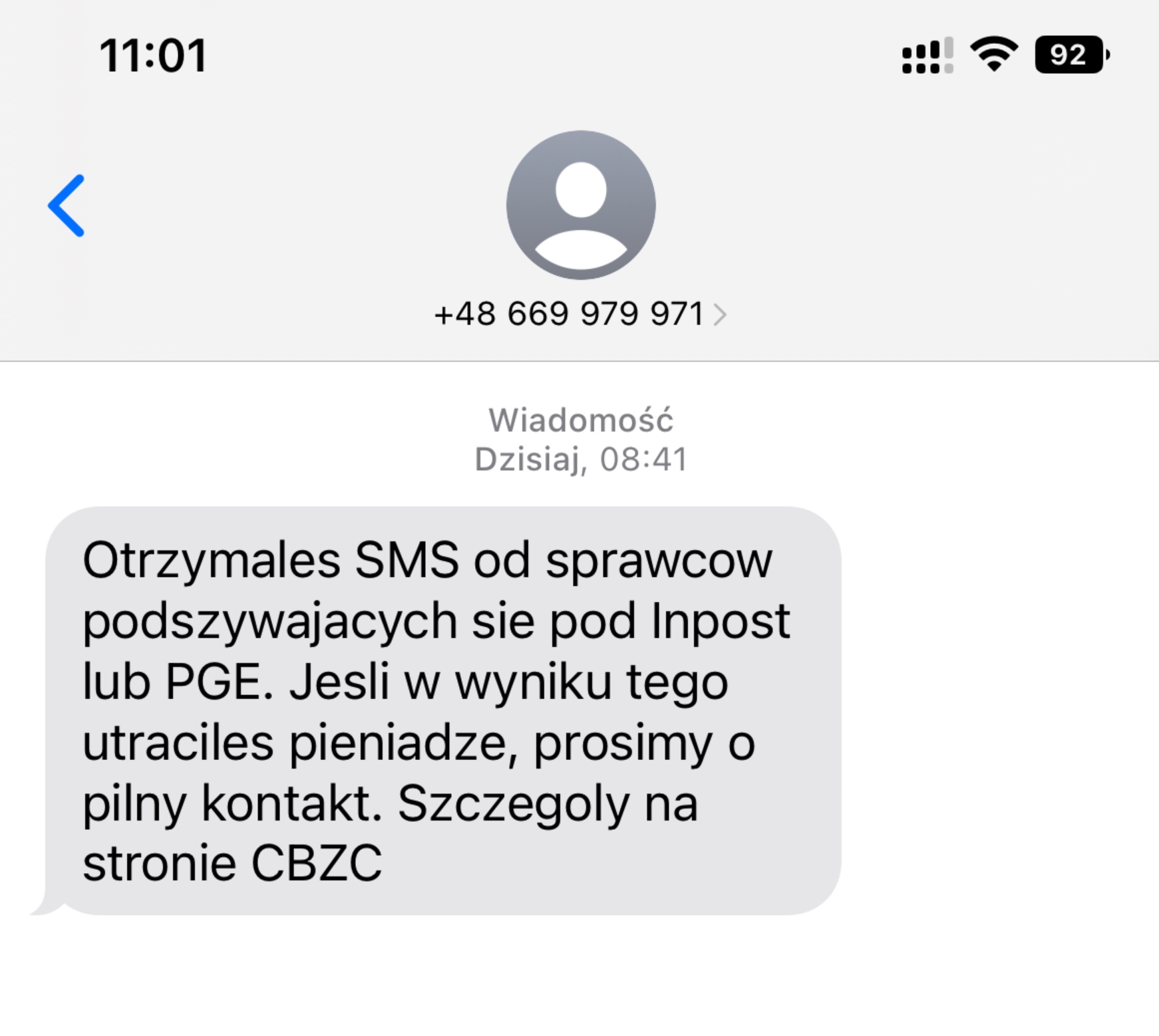 Zrzut ekranu z SMS-a z Centralnego Biura Zwalczania Cyberprzestępczości