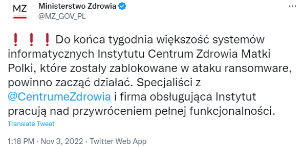 Zrzut ekranu z posta Ministerstwa Zdrowia na Twitterze dotyczący cyberataku na Centrum Zdrowia Matki Polki