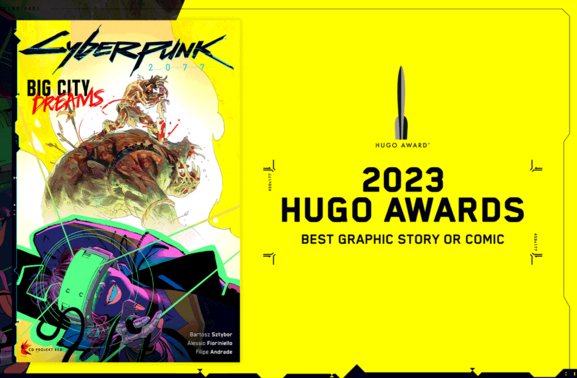 Grafika reklamująca nagrodę Hugo dla komiksu Cyberpunk 2077: Sny wielkiego miasta