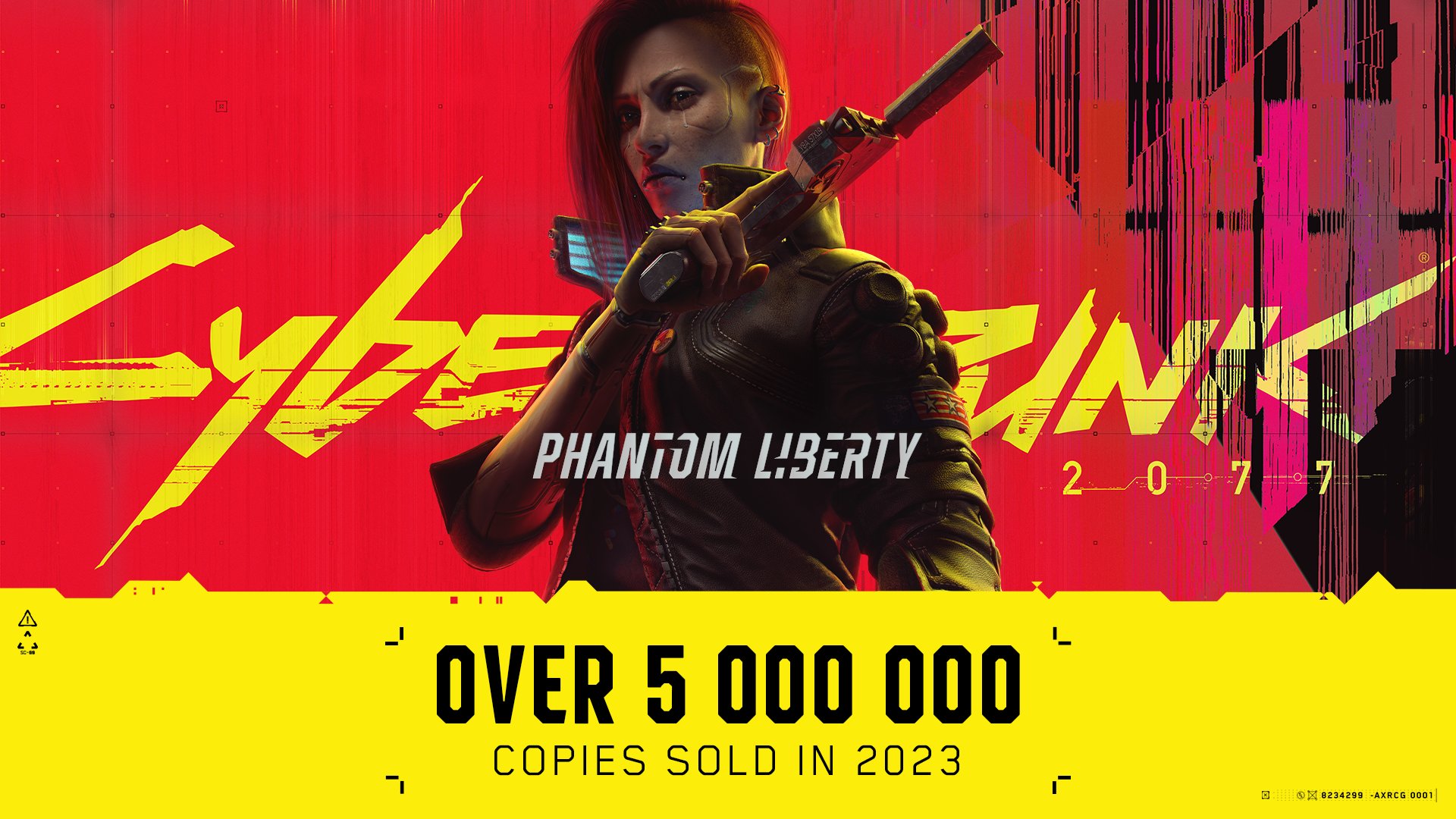 Grafika promująca 5 milionów sprzedanych kopii dodatku Widmo wolności gry Cyberpunk 2077